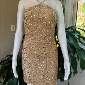 Gold Sequin Halter Dress